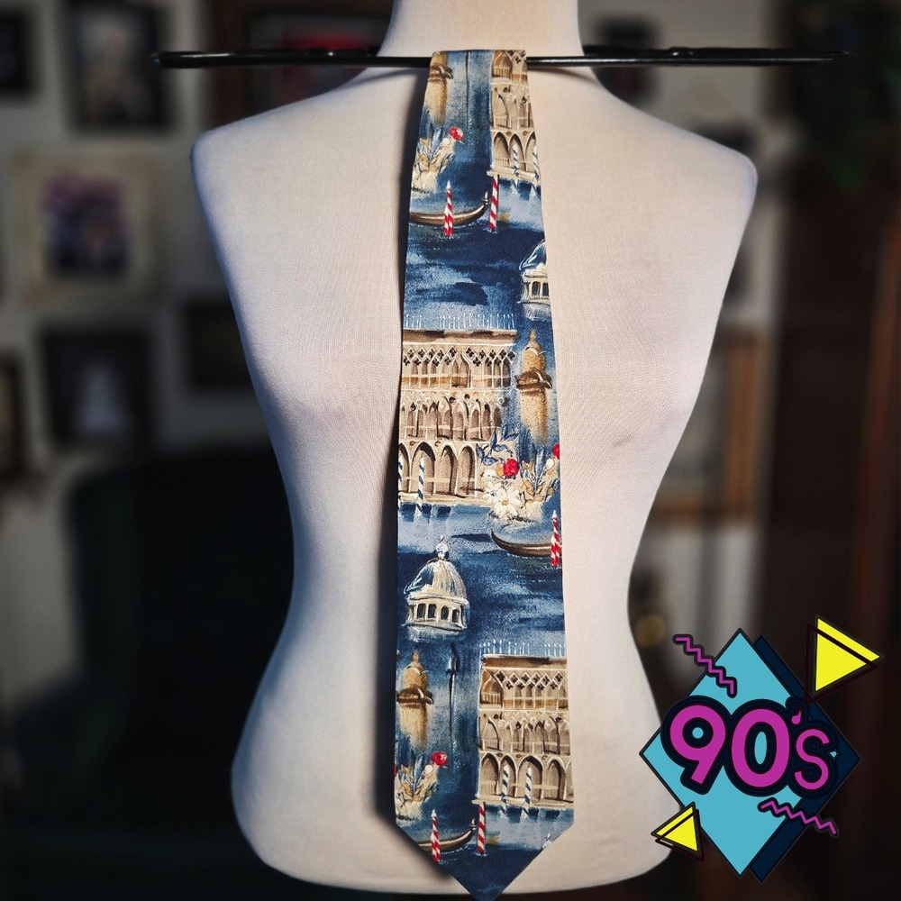 Structure Silk Tie Vintage 90s Venice Italy Gondola Architecture Blue Necktie